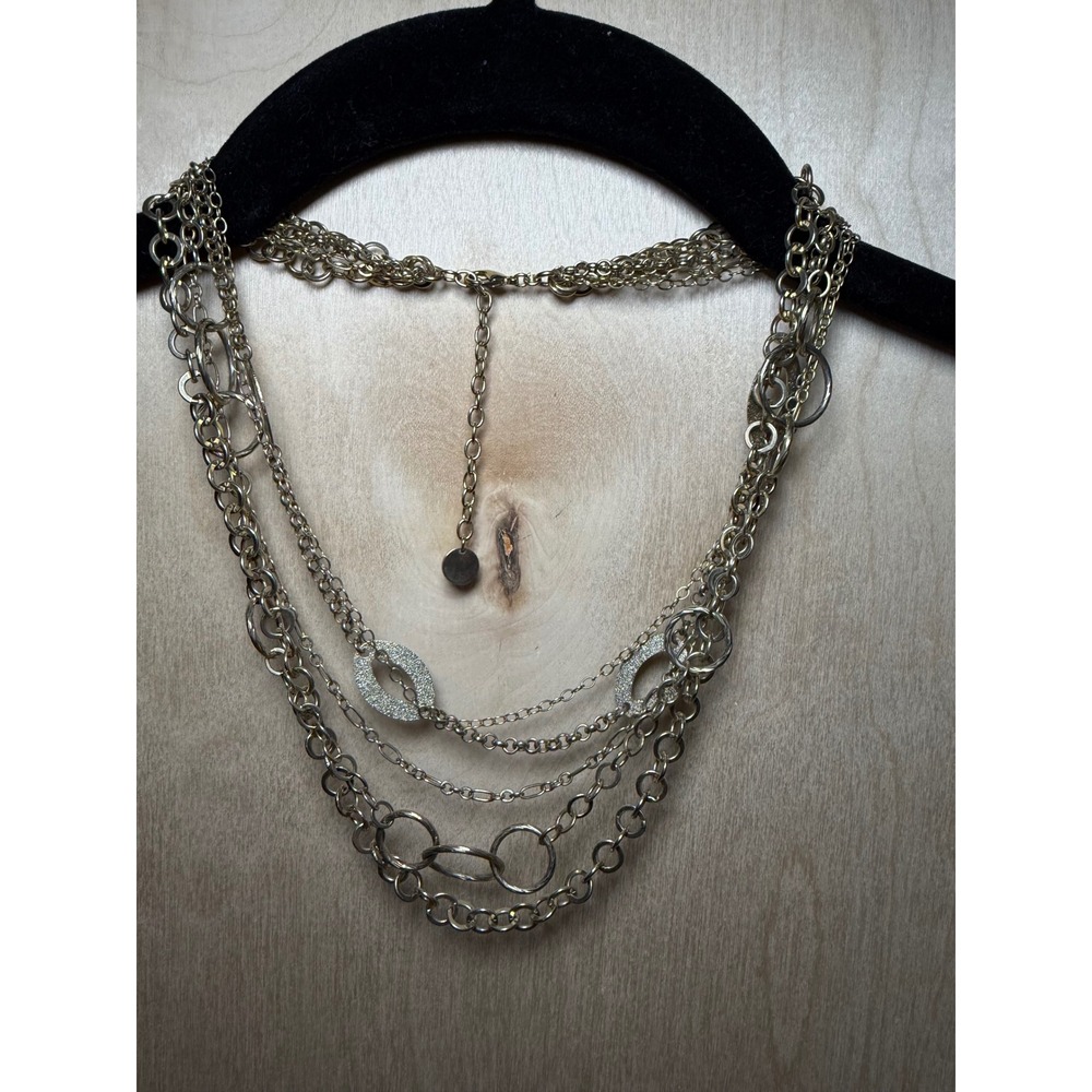 Silver Tone Multi Strand Layered Statement Necklace with Pavé Oval Accents
